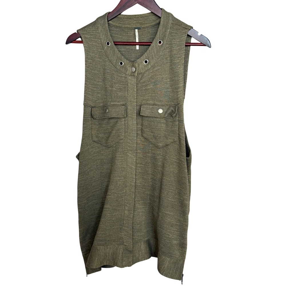 Free People Olive Knit Sleeveless Tunic Vest Snap Front Pockets Sz S